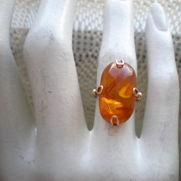 Vintage Russian Russia 14K 583 Rose Pink Gold Honey Baltic Amber Cocktail RING - Picture 4 of 9